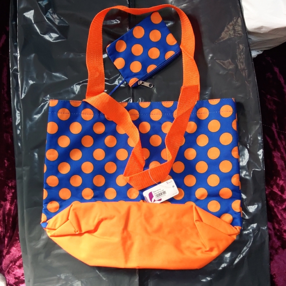 Insulated Polka Dot Tote Bag with Pouch - Orange and Blue